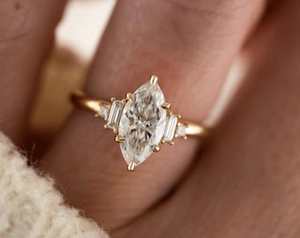 Marquise Moissanite Engagement Ring, Side Baguette Stone Anniversary Ring, Unique Proposal Ring for Her, 14K Gold Ring, Anniversary Gifts
