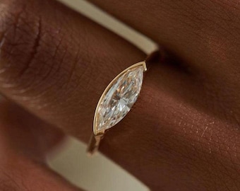 Marquise-slipad moissanitring med halv bezel, 14 karat massivt guld med öst-väst-förlovningsring, solitär vigselring, unik frieriring