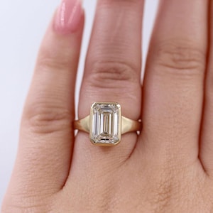 Emerald Cut Moissanite Engagement Ring, Emerald Cut Bezel Set Solitaire Ring, Promise Wedding Ring For Women, 14K Yellow Gold Ring