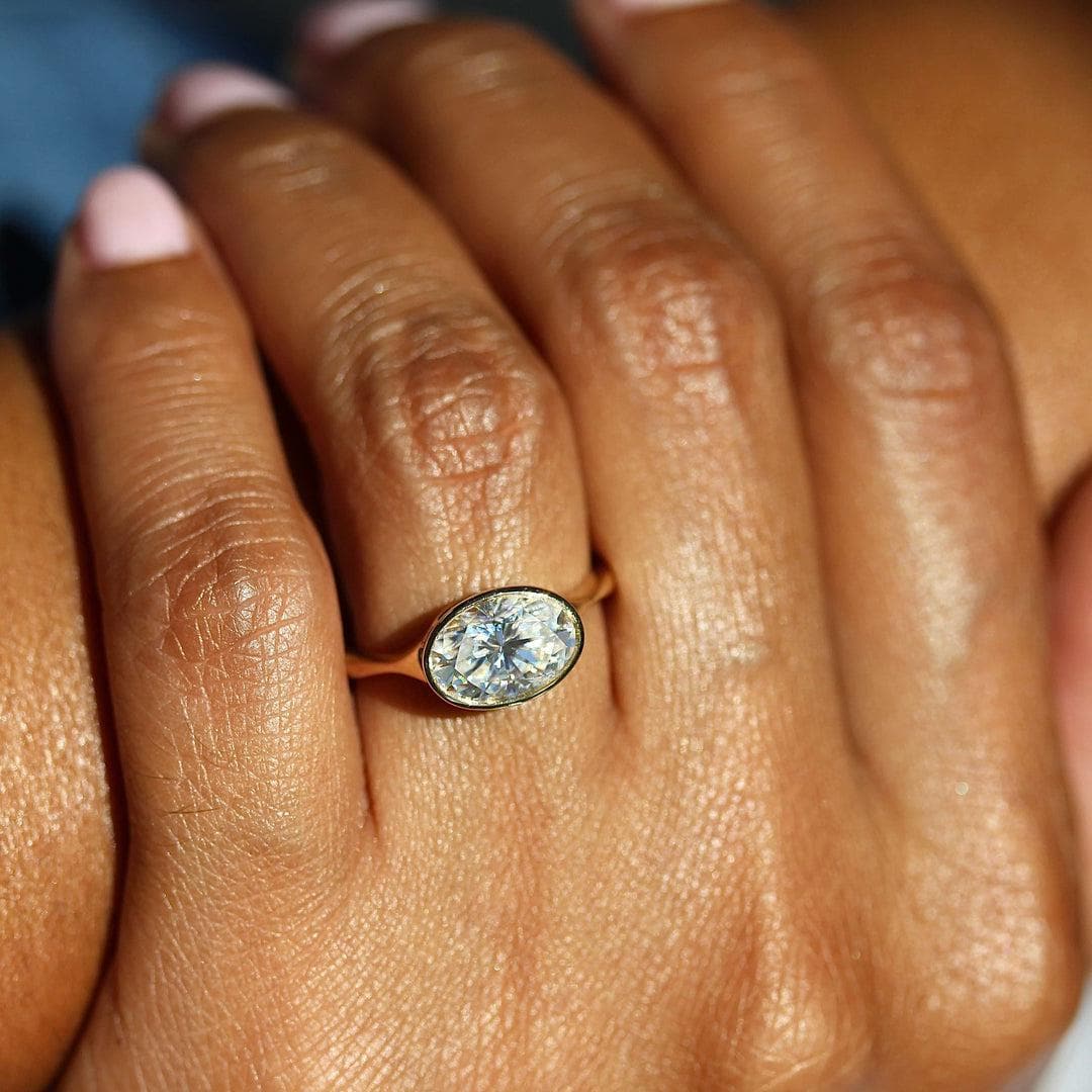14K Solid Gold Bezel Set East West Ring, Oval Cut Moissanite Engagement Ring, Solitaire Wedding Ring, Anniversary Gift Ring For Women