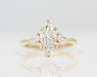 Marquise Cut Moissanite Engagement Ring, 14K Gold Three Stone Unique Engagement Ring, Pear Side Stone Ring, Unique Promise Gift For Her