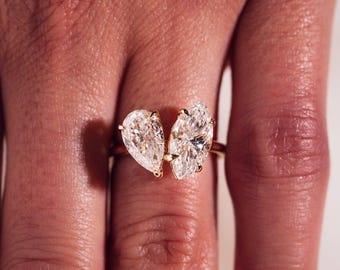 Toi Et Moi Zwei Stein Verlobungsring, Moissanite Ehering, Birnen- und Marquise-Schliff, Jubiläumsgeschenk für Frau, Vorschlag Ring für Freundin