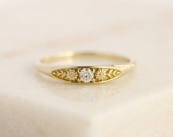 Vintage Inspired Floral Engraved Moissanite Ring, 14K Solid Gold Dainty Promise Ring, Delicate Antique Style Art Deco Engagement Ring Gifts