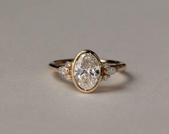 Oval Cut Moissanite Engagement Ring, Bezel Setting Ring with Round, Marquise Side Stone, Anniversary Gift for Her, 14K Gold Promise Ring