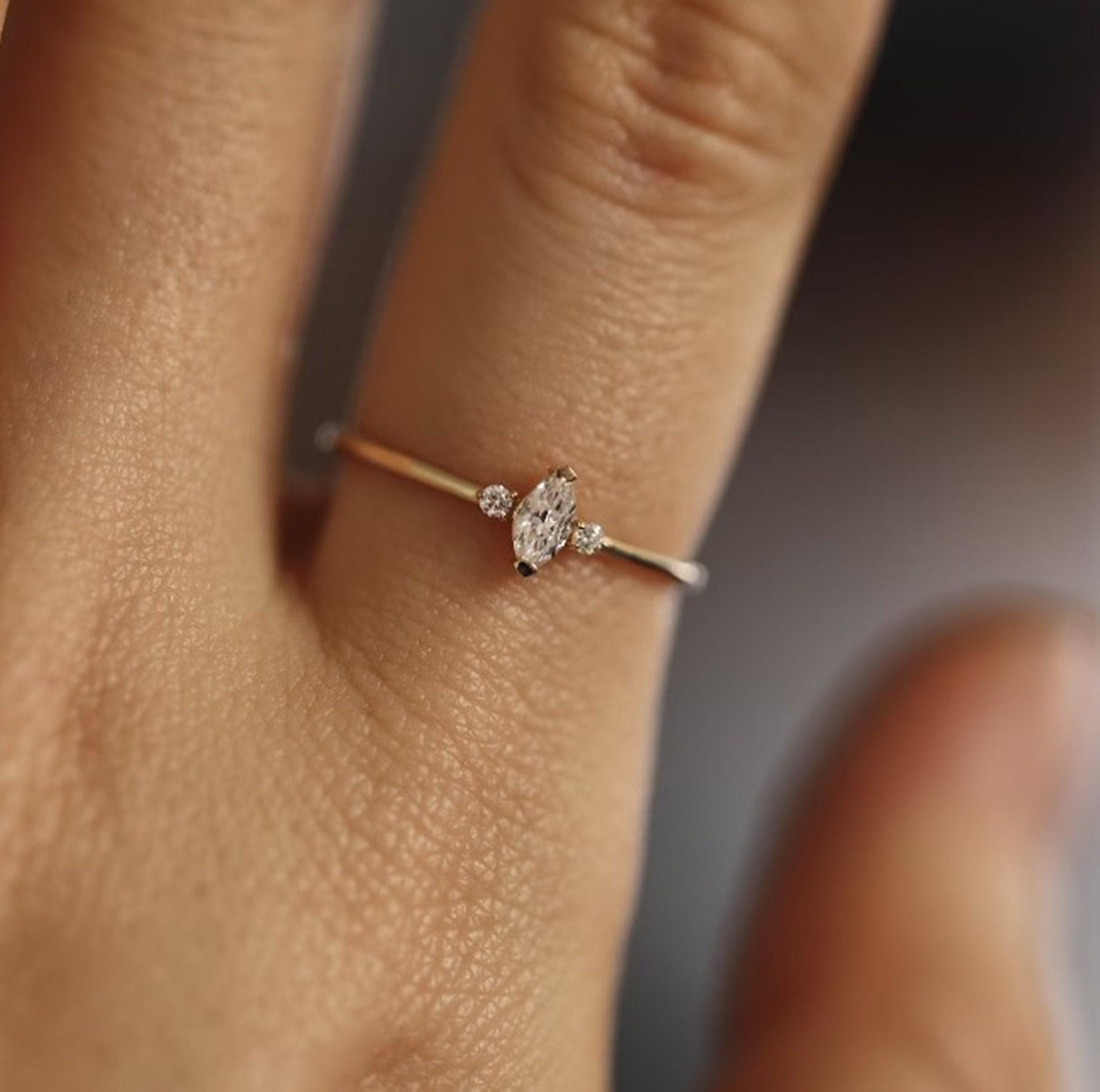 Dainty Marquise With Round Moissanite Ring, Minimalist Three Stone Ring, Tiny Delicate Ring, Daily Wear Ring, Promise Ring Gift For Her