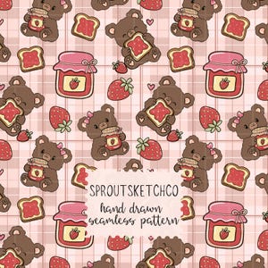 May include: A seamless pattern featuring brown teddy bears, jars of strawberry jam, slices of toast with jam, and strawberries on a light pink plaid background. The text SPROUTSKETCHCO hand drawn seamless pattern is centered in a white cloud shape.
