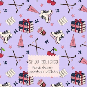 May include: A seamless pattern on a light purple background featuring illustrations of white ice skates, stacks of books tied with red bows, hockey sticks, cherries, pink pennants with XOXO text, and music sheets. Text reads SPROUTSKETCHCO hand drawn seamless pattern.