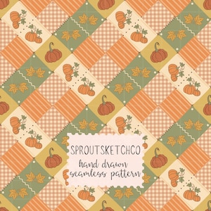 Könnte beinhalten: Ein nahtloses Muster mit einem Patchwork-Design aus orangefarbenen Kürbissen, Herbstblättern sowie karierten oder gestreiften Quadraten in Orange-, Grün- und Cremetönen. Der Text SPROUTSKETCHCO hand drawn seamless pattern ist auf einem cremefarbenen Hintergrund zentriert.