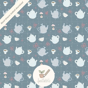Tea Pots Grand Millennial Seamless Pattern Blue Sublimation Design 300 DPI PNG Instant Digital Download Vinyl Fabric Tea Cups Bows Floral