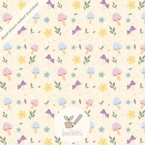Pastel Mushroom Floral Beige Seamless Pattern 300 DPI PNG Sublimation Design Instant Download for Fabric Crafts Cottagecore Whimsical