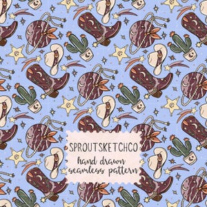 Cosmic Cowgirl Seamless Pattern: Hand Drawn Western Celestial Cowboy Digital Paper Boho Rodeo Fabric Digital Download PNG
