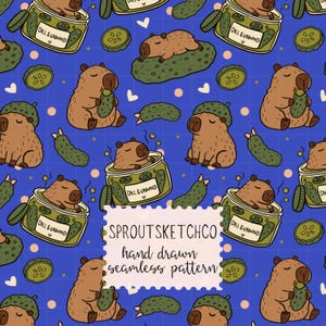 May include: A seamless pattern on a blue grid background featuring brown capybaras, green pickles, and jars labeled Dill & Unwind. A central white stamp-edged label reads SPROUTSKETCHCO hand drawn seamless pattern in black text.