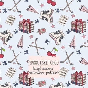 May include: A light blue seamless pattern featuring hand-drawn illustrations of ice skates, hockey sticks, stacks of books with red bows, cherries, music sheets, and pennants with the text XOXO. The text SPROUTSKETCHCO hand drawn seamless pattern is centered.