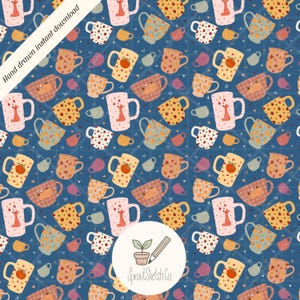 Fall Mugs Blue Seamless Pattern 300 DPI PNG Sublimation Design Instant Download for Digital Papers Vinyl Fabric Coffee Pumpkins Apples Fox