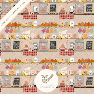 Fall Coffee Bar Seamless Pattern 300 DPI PNG Sublimation Design Instant Digital Download for Fabric Vinyl Mugs Coffee Cozy Fall png Autumn
