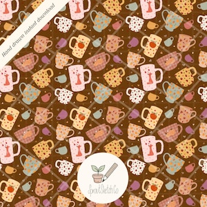Fall Mugs Brown Seamless Pattern 300 DPI PNG Sublimation Design Instant Download for Digital Papers Vinyl Fabric Coffee Pumpkins Apples Fox
