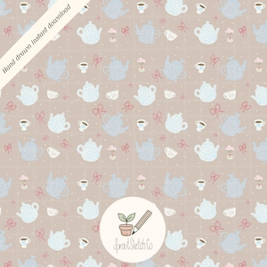 Tea Pots Grand Millennial Seamless Pattern Sublimation Design 300 DPI PNG Instant Digital Download for Vinyl Fabric Tea Cups Bows Floral