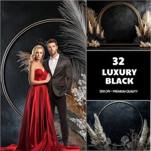 Elegante Black & Gold Digital Fotografie Backdrop Federn und Pampas Digitaler Hintergrund Moderne Fotografie Backdrop Geburtstag, Jubiläum
