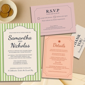 Invito a nozze con festa in giardino / Modello Canva modificabile con strisce verdi / Suite nuziale classica preppy / RSVP, dettagli, biglietto di ringraziamento