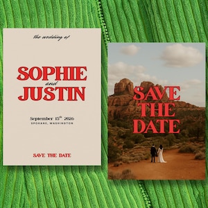 Modern Retro Save The Date, Bold Colorful Wedding Template, Bright Red Typography, Editable Canva, Printable Digital Download