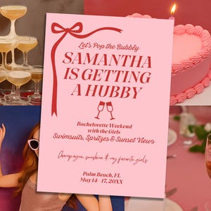 Invitación de despedida de soltera con lazo / Plantilla editable de Canva / Invitación para fiesta "Let's Pop the Bubbly" / Descarga digital de Pink Girls Weekend
