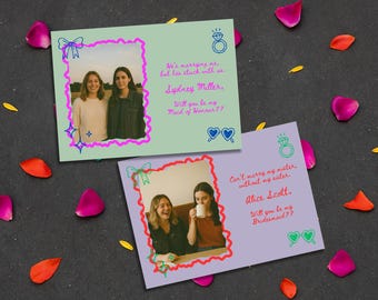 May include: Two invitation cards with photos of women, surrounded by a pink and green border, and text. The cards are light green and lavender, with text in pink and red. The cards are decorated with bows, hearts, and a ring.