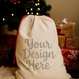 Christmas Sack Mockup | Canvas Santa Sack PNG | Holiday Gift Bag Scene | Festive Mock up for Kids Presents | Red Drawstring Bag lay flat