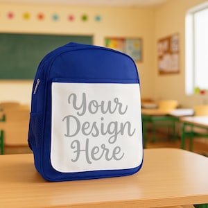 Panelryggsäck eller lunchväska Mockup PNG – Blå barnskolväska Digital nedladdning – Klassrumsplatt lay för sublimeringsdesigner och Etsy-listor