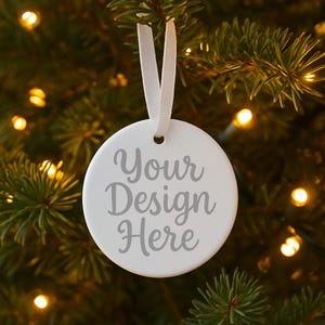 Round ceramic Ornament Mockup PNG – Ceramic Christmas Bauble on Tree with Lights for Xmas Holiday Sublimation Flatlay Mock for Etsy