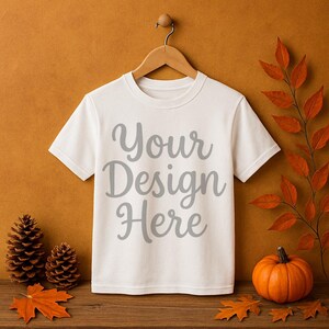May include: A white t-shirt with the text "Your Design Here" in gray script, hanging on a wooden hanger. The background features a fall theme with a pumpkin, leaves, and pinecones, creating a seasonal aesthetic.