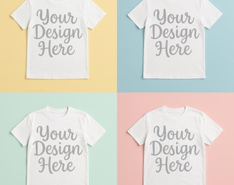 Pastell Kinder T-Shirt Mockup Bundle | Weißes Tee Flatlay auf Gelb, Blau, Grün & Rosa Hintergründe | Shirt PNG Sublimation POD Flat Lay Tshirt
