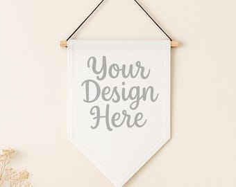 Minimal Pennant Wall Flag Mockup | Neutral Boho Room Scene | Canvas Banner Hanging on Wall | Styled mock up PNG for sublimation Designs