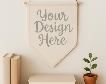 Minimal Pennant Wall Flag Mockup | Neutral Boho Room Scene | Canvas Banner Hanging on Bookshelf | Styled Mock Up PNG for Sublimation Designs