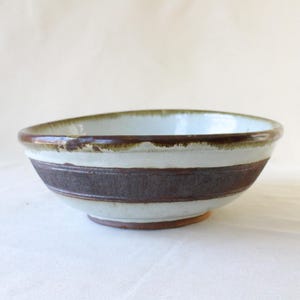 Vintage Japanese Harada Pottery Bowl | Mingei Stoneware with Ash Glaze & Textured Slip Band