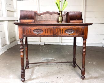 Antique Oak Writing Desk, Cane Gallery, Stationery Compartments, Edwardian Ladies Vanity