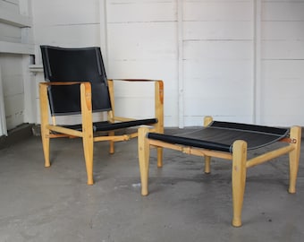 Danish Modern Kaare Klint Safari Chair with Ottoman | Leather MCM Sling Chair