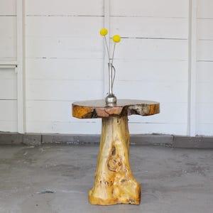 May include: A unique, handcrafted side table made from a natural tree trunk. The table features a round, live-edge top with a light brown and yellow color, supported by a sturdy, textured base. A small silver vase with two yellow flowers sits on top.