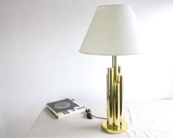 Postmodern Brass Tube Lamp | 1980s Cityscape Style Table Lamp | Hollywood Regency Modern Lighting