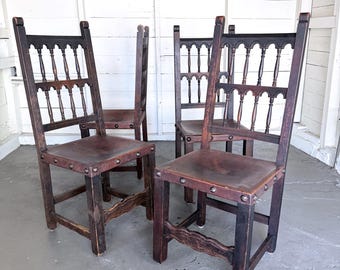 Antique Spanish Revival Dining Chairs | Carved Wood and Leather Gothic Dining Chair | Mediterranean Ladder Back Chairs