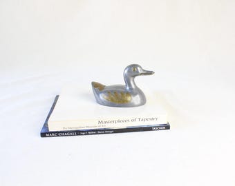 Mid-Century Duck Paperweight | Pewter and Brass Inlay Animal Sculpture | 1960s Modernist Decorative Object