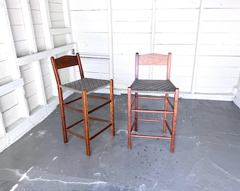 Vintage Hand Crafted Counter Stools c. 1990's | Signed Shaker Style Counter Stools | Scandinavian Minimalist Woven Stool Pair