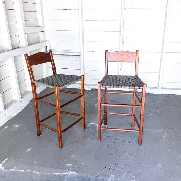 Vintage Shaker Style Maple Counter Stools | Woven Seat Scandinavian Pair