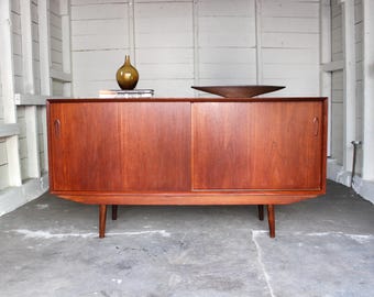 1960s Danish Teak Credenza | Mid Century Modern Sliding Door Sideboard