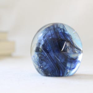 Hand-Blown Glass Paperweight | Swirling Blue Orb Sculpture with Bubble Inclusions
