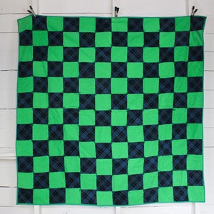Vintage Corduroy Patchwork Quilt | 1970s Checkerboard Green & Navy Plaid Textile