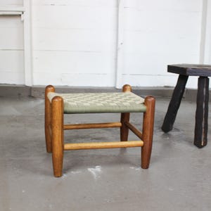 Vintage Shaker-Style Woven Strap Stool with Oak Frame
