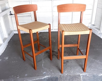 Pair of Vintage Danish Modern Teak Bar Stools with Woven Paper Cord Seats