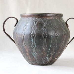 Antique Hand-Hammered Copper Vessel with Verdigris Patina