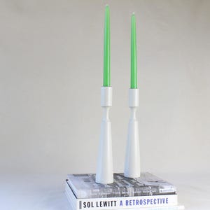 Pair of Mid-Century Modern White Wooden Candlesticks | Sculptural Danish Style Taper Holders
