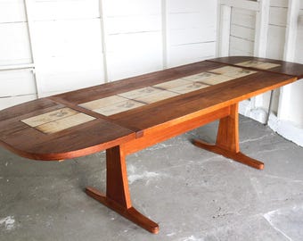 1960s Danish Teak Drop Leaf Dining Table with Ceramic Tile Inlay